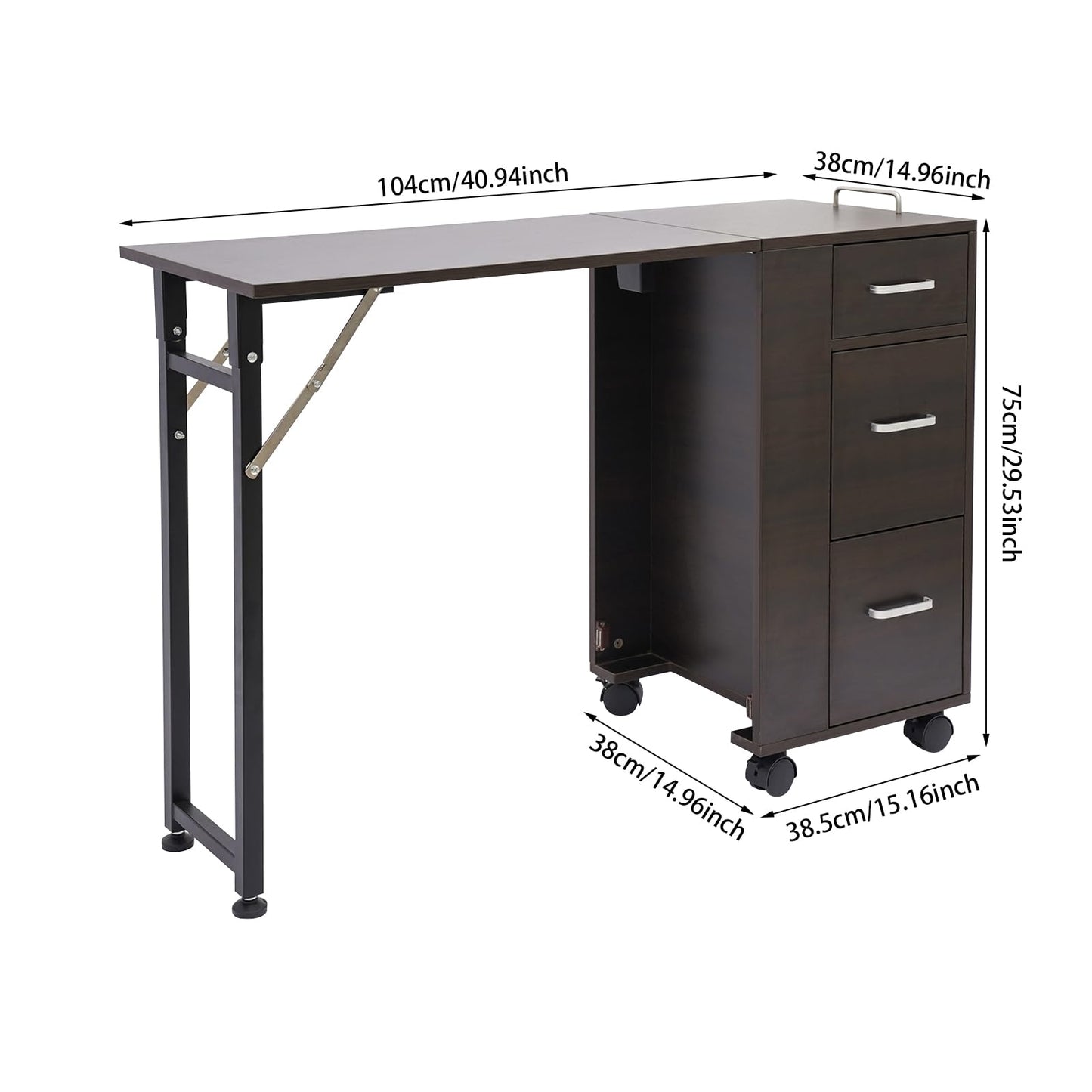 TREMENPOW Foldable Manicure Table, Single Station Nail Desk, Manicure Table with 3 Drawers & Wheels, 220lb Capacity, for Nail Salons, Beauty Spa, Home Office, Writing or Computer Desk
