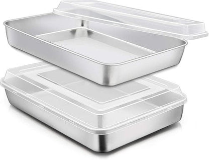 E-far Stainless Steel Baking Pan Set - 12⅓ x 9¾ Inch Rectangle Bakeware with Lids | Non-Toxic, Heavy Duty & Dishwasher Safe