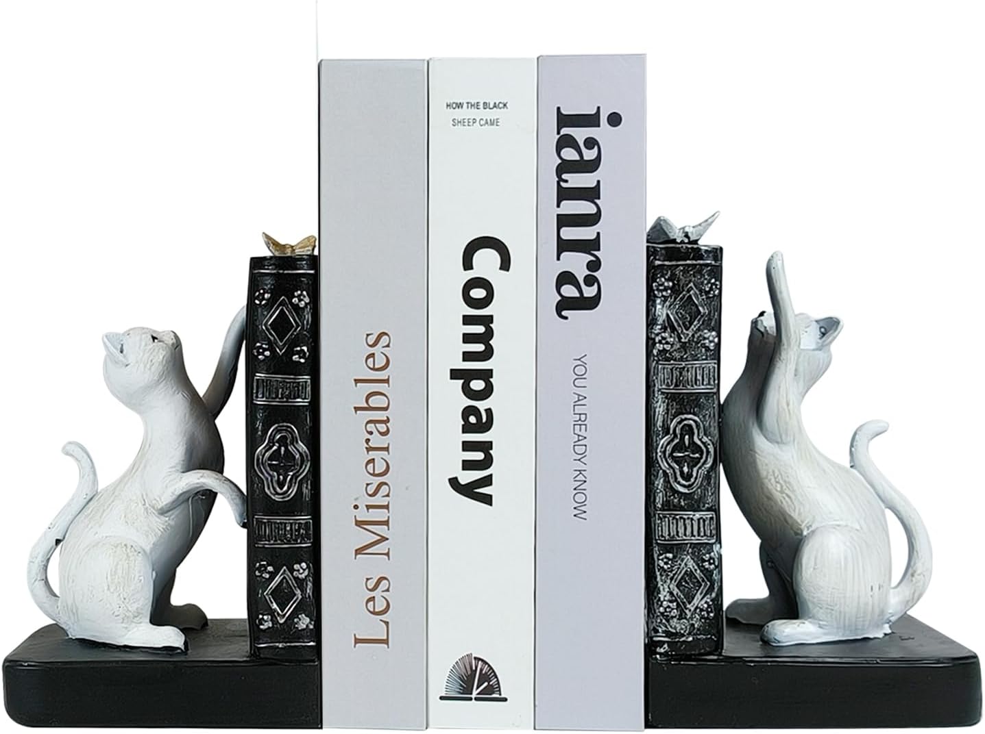 1 LIFFY Decorative Bookends, Heavy Duty Resin Cat Bookends, Non-Skid Bookshelf Stopper, Cute Cat Figures for Shelves