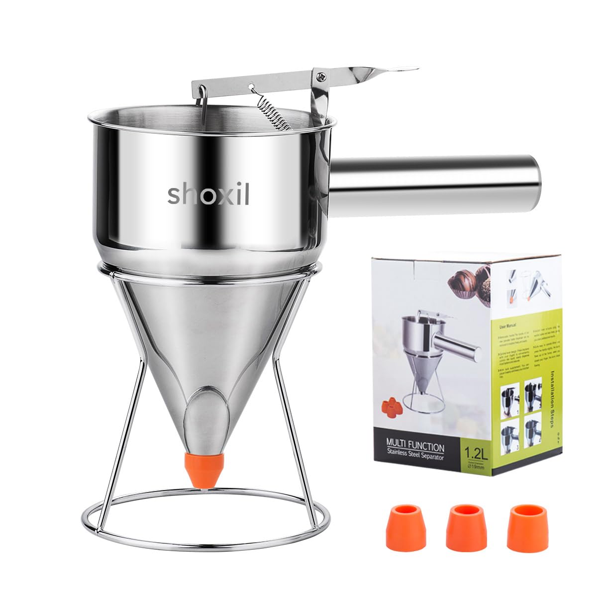 shoxil 40oz Pancake Batter Dispenser, Stainless Steel Cake Dispenser with 4 Caliber Funnel & Stand, Baking Tools for Pancakes, Cupcakes & Baked Goods