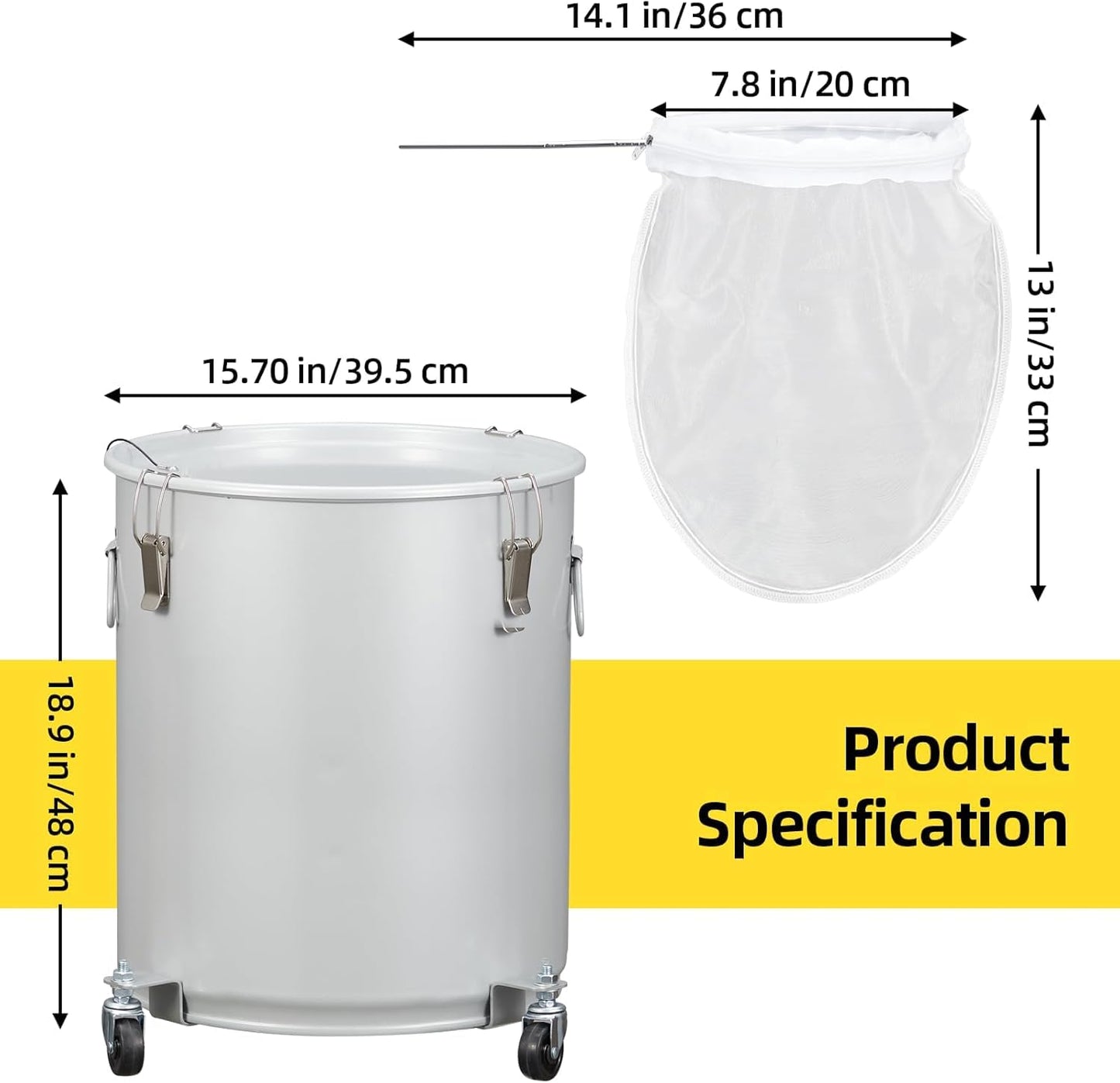 Fryer Grease Bucket 16 Gal, Fryer Oil Bucket With Lid, Oil Disposal Caddy w/Rust-Proof Coating, Coated Carbon Steel Oil Filter Pot With Caster Base, Oil Transport Container w/Lock Clips & Filter Bag
