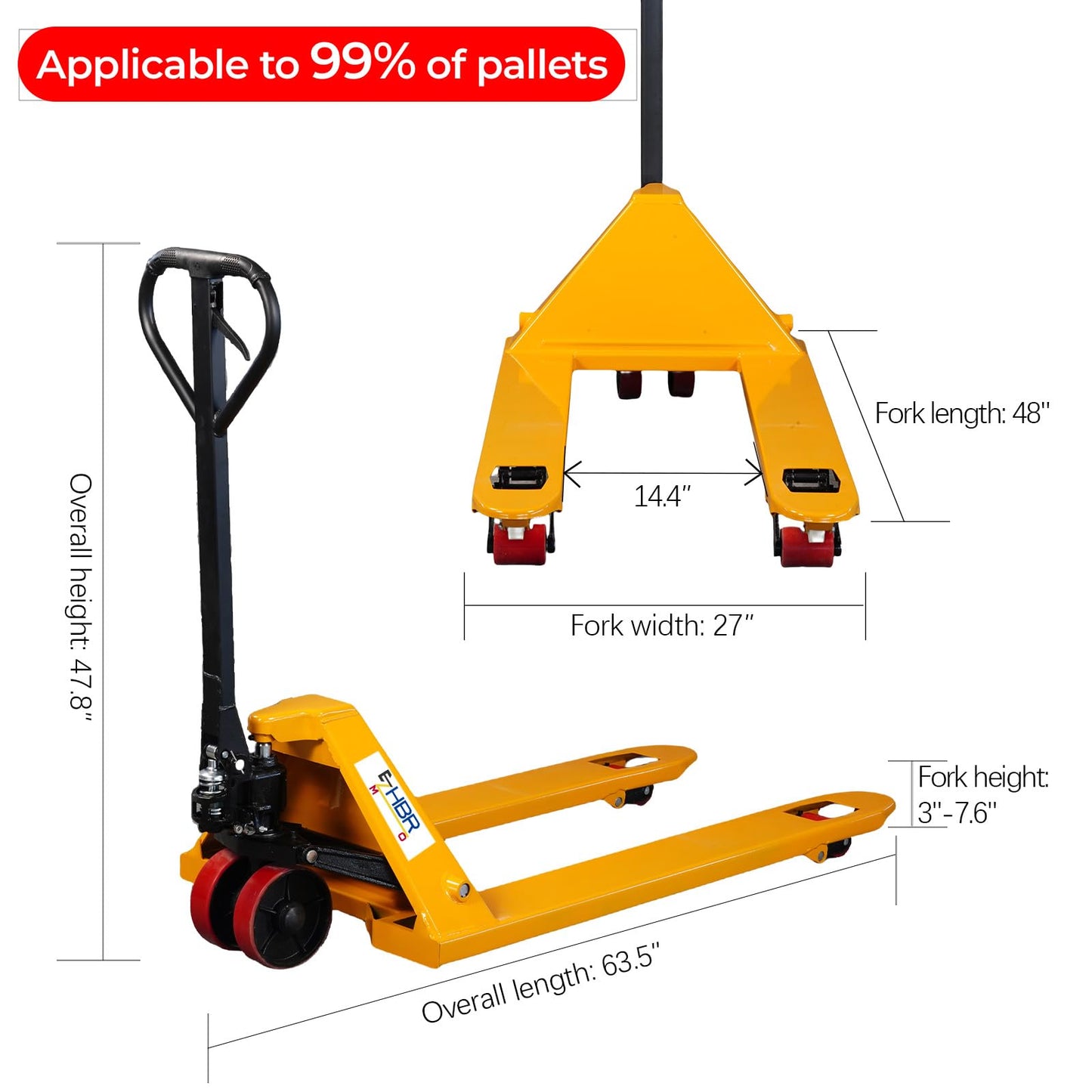 Ezmhbro Easy-to-Maintain Pallet Jack 27" x 48" Fork with Leak-Proof Pump, Silent PU Wheels for Garage, Retail & Warehouse