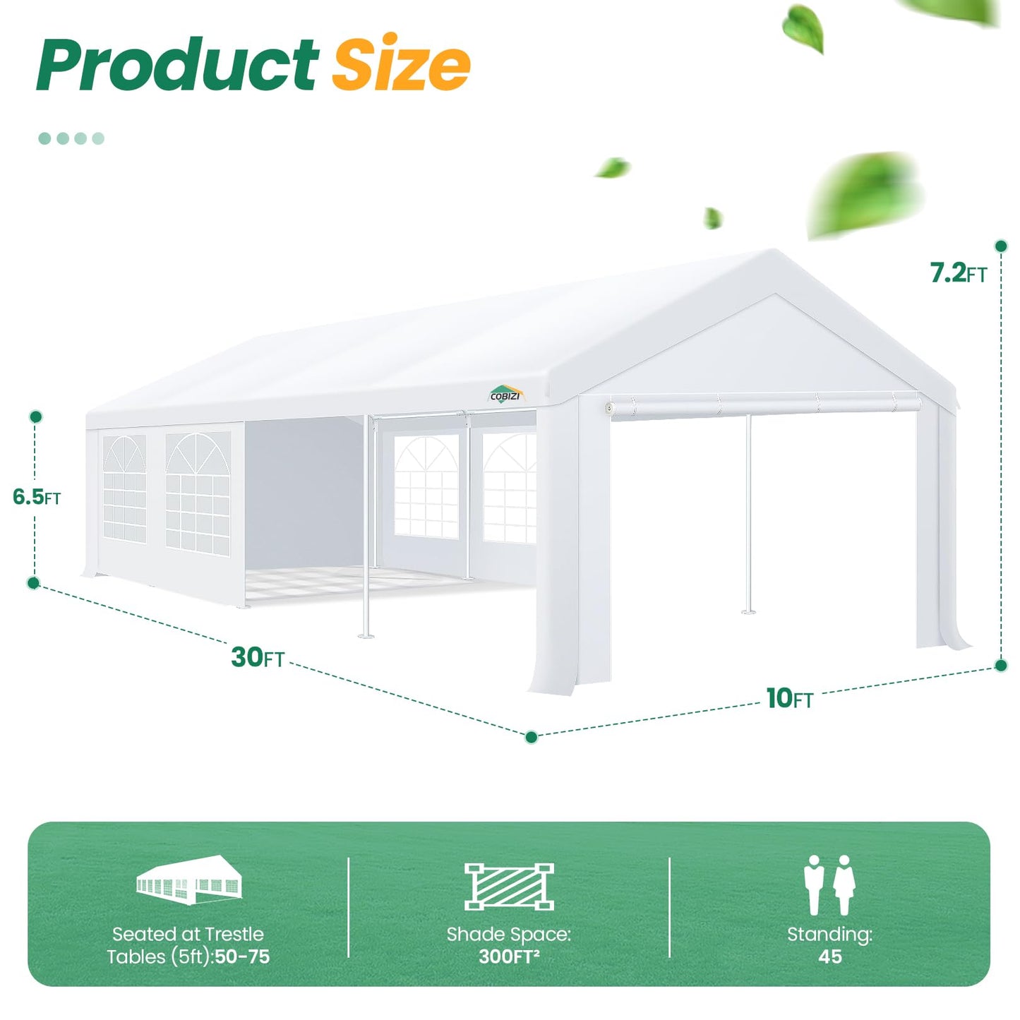COBIZI 10x30 Party Tent Heavy Duty, Tents for Parties with Removable Sidewalls & 4 Built-in Sandbags, Commercial Wedding Tent, UV 50+, Waterproof, White