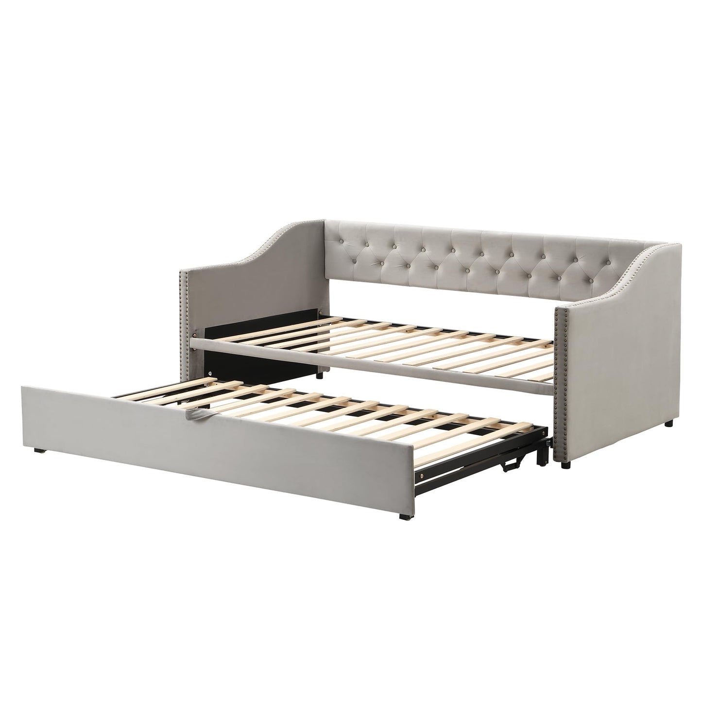 Twin Size Upholstered Daybed with Pop up Trundle,Velvet Day Bed Frame with Extendable Trundle,Twin to King Daybed,Tufted Sofa Bed for Bedroom,Living Room,Guest,Gray