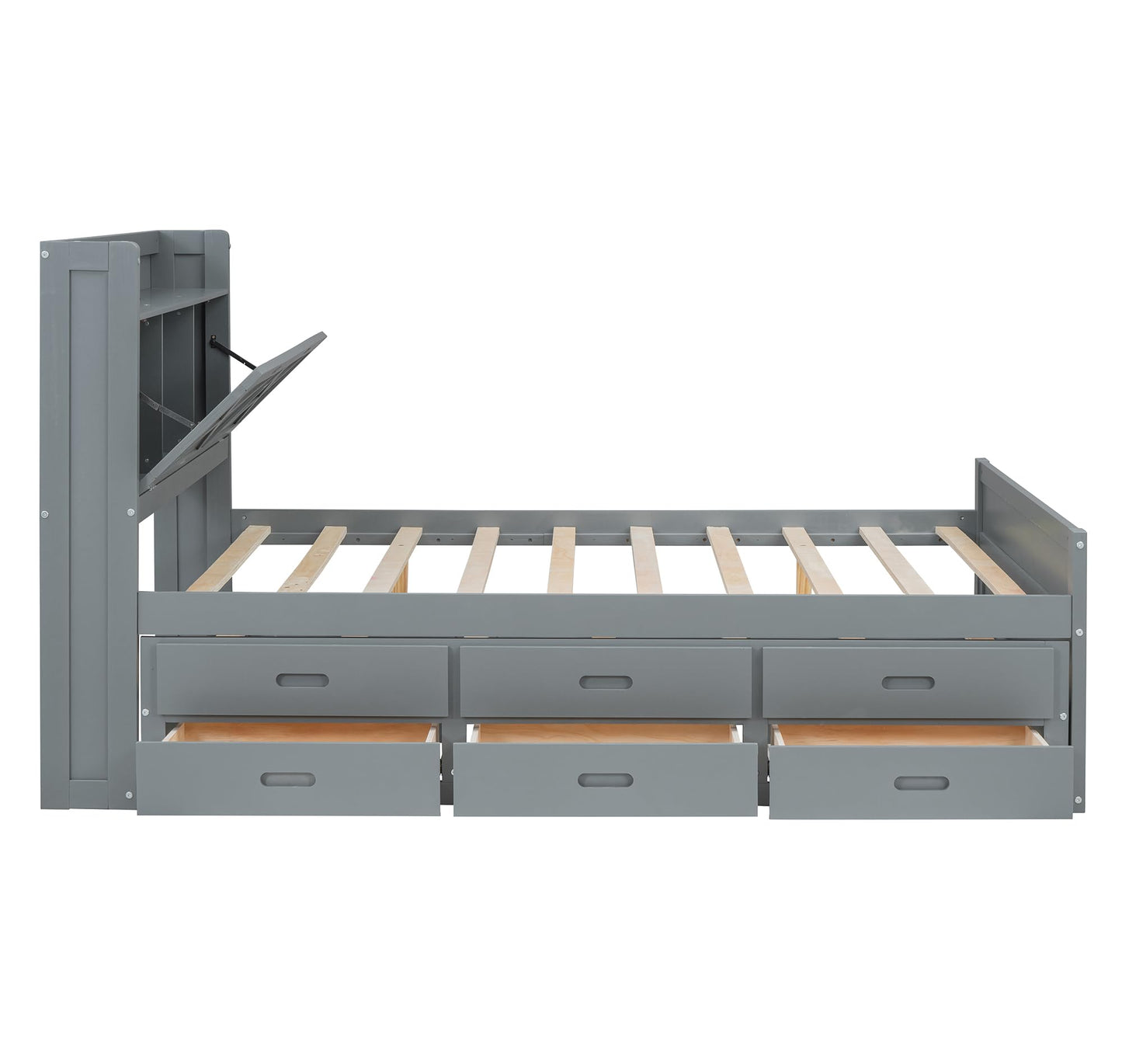 Full Size Wooden Bed with Storage Headboard with Outlets, Extendable with Twin Trundle with 3 Drawers