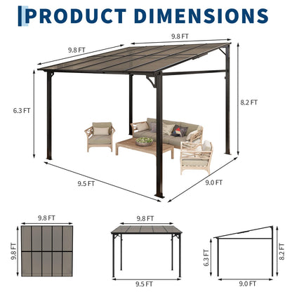 10 x 10 ft Sloped Patio Awning Gazebo, 4-Post Hardtop Pavilion with PC Polycarbonate Roof, Waterproof UV Resistant Outdoor Shade Shelter for Patio, Backyard, Garden and Lawn Activities