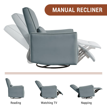 GarveeHome Swivel Rocking Recliner Chair, Upholstered Faux Leather Glider Recliner with Lumbar Support, high backrest & Padded armest, Manual Nursery Recliner for Living Room (Grey)