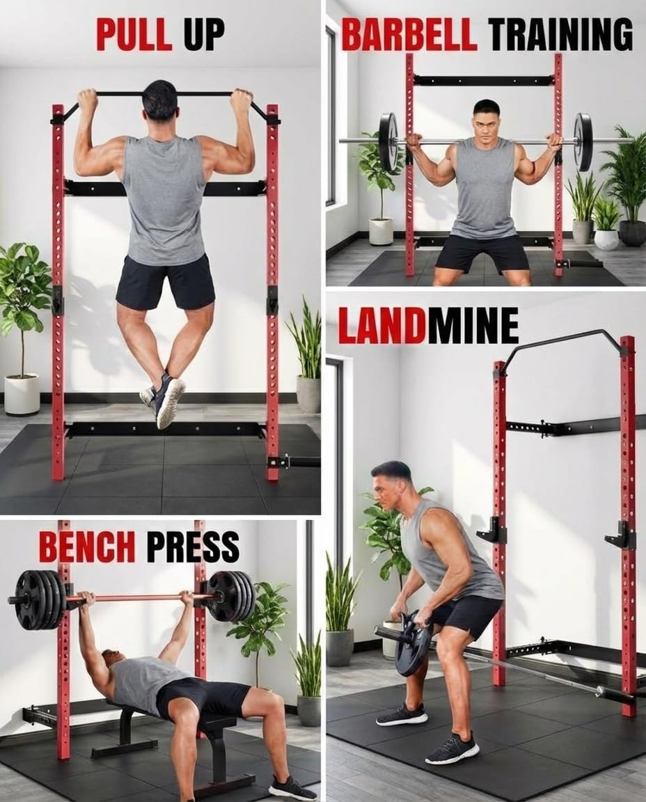 Folding Squat Rack for Home Gym – 1000 LBS Capacity Wall Mounted Power Rack with Pull-Up Bar, j-Hooks & Landmine | 2.36" x 2.36" Heavy-Duty Steel, Space-Saving Foldable Squat Cage for Home Garage