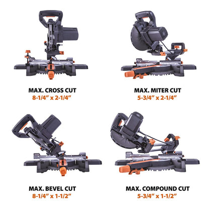 Evolution Power Tools R185SMS+ Sliding Miter Saw with Multi-Material Cutting, 45 Degree Bevel, 50 Degree Miter, 210 mm Slide, Blade Included Cuts Wood Plastic Metal & More, 7-1/4"
