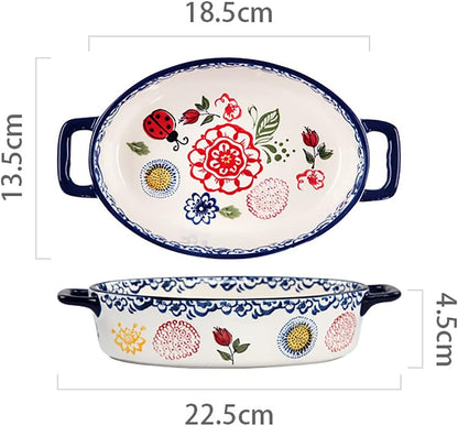 Vintage Style Ceramic Casserole Dish - Flower and Butterfly Ladybug Pattern Baking Pan - 1 PCS - Small Oval with Handles