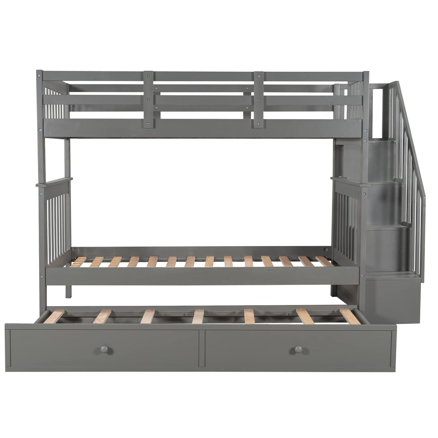 Merax Twin-Over-Twin Bunk Bed with Twin Size Trundle, Soild Wood Stairway Bunk Bed with Storage and Guard Rail for Teens, Adults, Gray