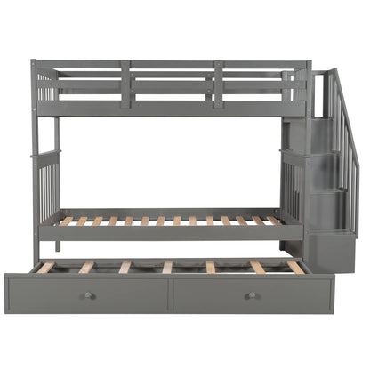 Merax Twin-Over-Twin Bunk Bed with Twin Size Trundle, Soild Wood Stairway Bunk Bed with Storage and Guard Rail for Teens, Adults, Gray