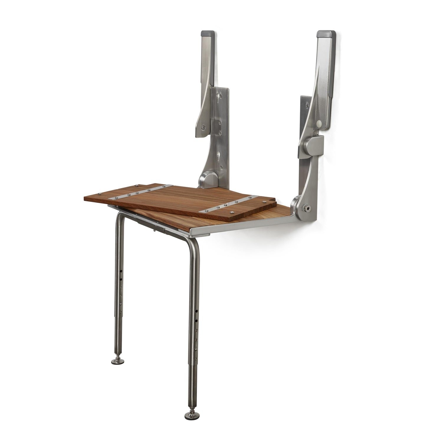 Silhouette Comfort Plus Folding Shower Seat with Armrests & Legs – Heavy-Duty Wall-Mounted Shower Bench, Teak Wood Seat with Silver Frame