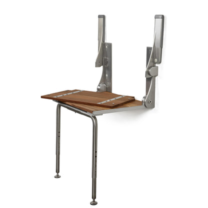Silhouette Comfort Plus Folding Shower Seat with Armrests & Legs – Heavy-Duty Wall-Mounted Shower Bench, Teak Wood Seat with Silver Frame