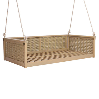 Outdoor Twin Size Porch Swing Bed w/Solid Wood Frame for Garden, All Weather Wooden Swing Bench w/Hand Woven Rattan Backrest & Armrest for Patio, Deck, Balcony, Backyard (Light Teak)