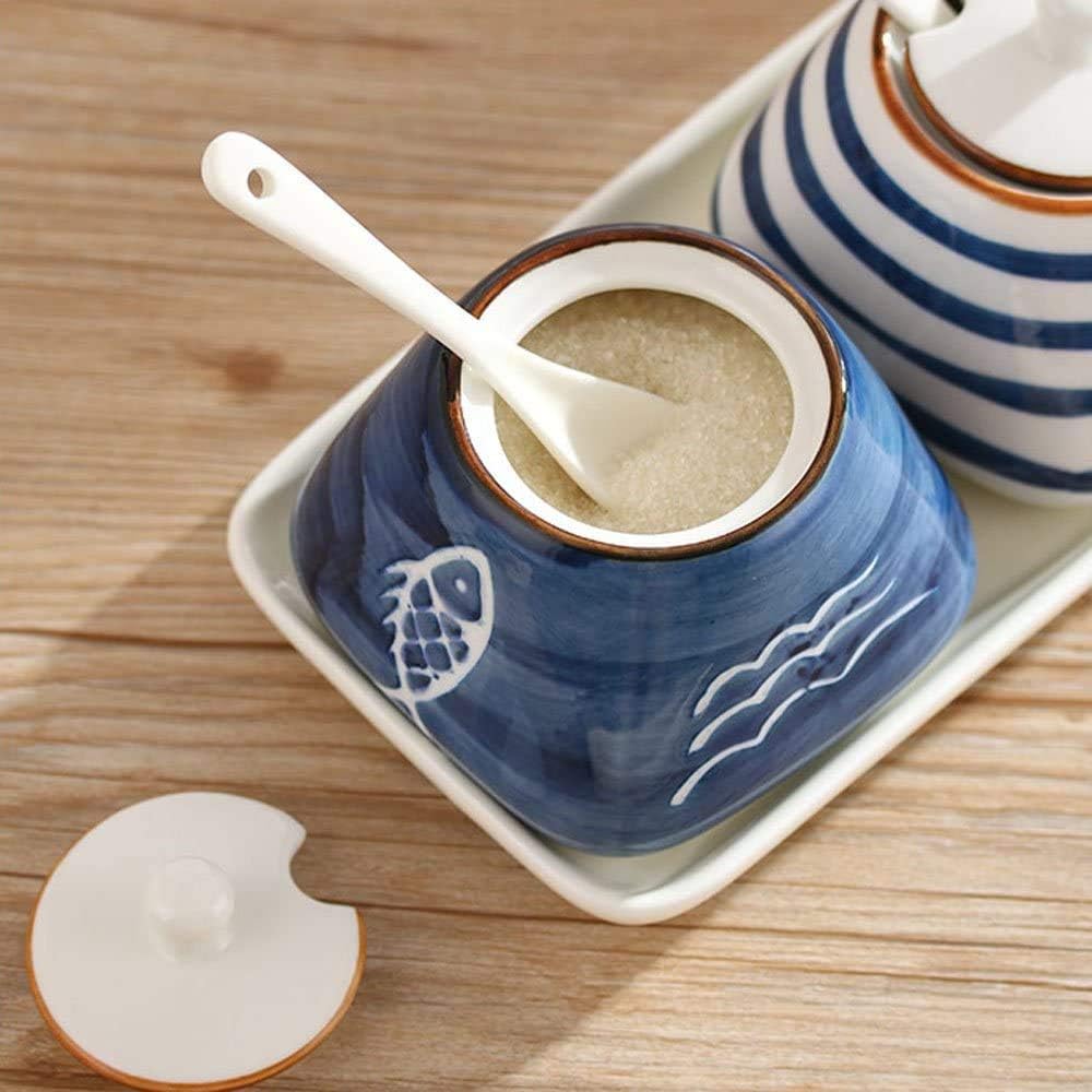Cute Hand-painted Sugar Bowl, Ceramic Condiment Pot for Kitchen Decor, Fish Pattern, 300ml