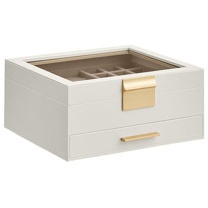 SONGMICS Jewelry Box Organizer with Glass Lid, 2-Layer Jewelry Storage, with 1 Drawer, Modern Style, 8 x 9.1 x 4.1 Inches, Cloud White and Gold Color UJBC174W01