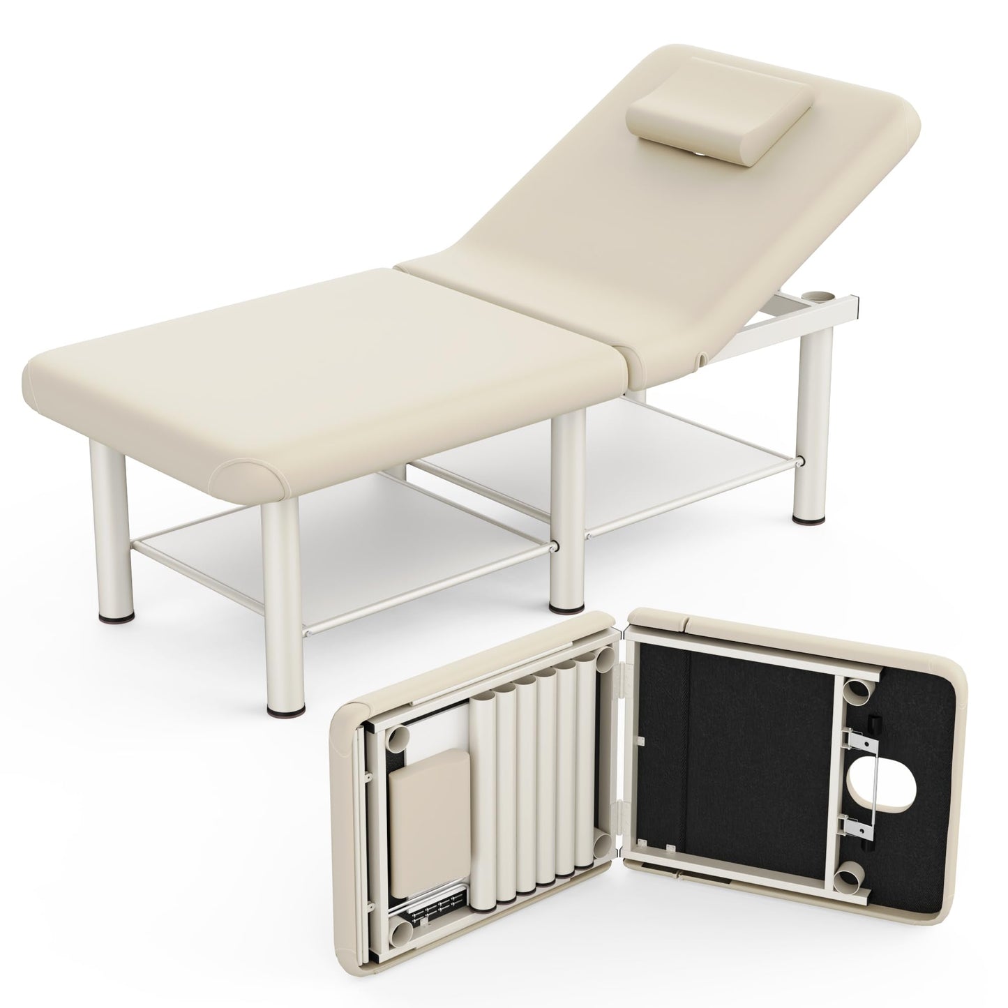 Folding Stationary Massage Table with Backrest and Storage Space for Treatment Table Physical Therapy Table Spa Facial Bed, 6 Round legs Metal Frame PU Leather, 30.5'' Wide × 75'' Long - Beige Gray