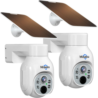 Hiseeu Solar Security Camera, 2PCS 4MP Wireless WiFi Camera Outdoor, PTZ 360° View, PIR Motion Detection, Color Night Vision, IP66, 2-Way Audio, 2.4G WiFi, No Monthly Fee