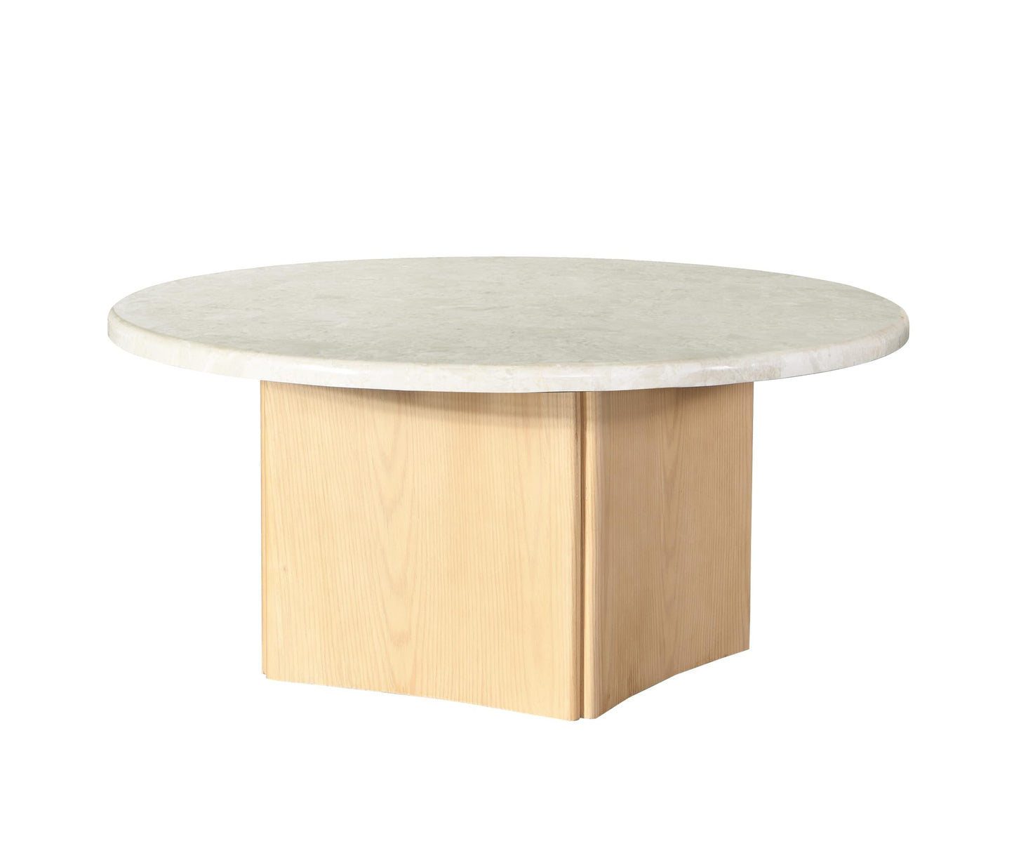 Acme Qwin Marble and Wood Round Coffee Table with Curved Base in Natural Oak