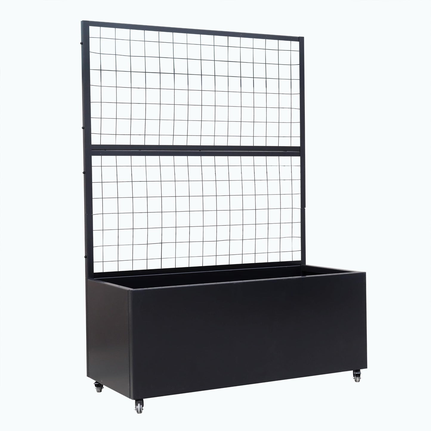 Metal Rolling Planter Box with Lattice Trellis – Modern COR-Ten Steel Trough on Casters | 66” x 46” x 21” (Black)