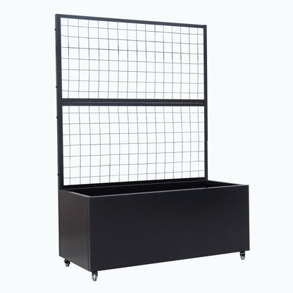Metal Rolling Planter Box with Lattice Trellis – Modern COR-Ten Steel Trough on Casters | 66” x 46” x 21” (Black)