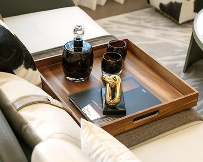 Extra Large Square Wood Tray, Generously 22" Acacia Serving Trays for Large Ottoman Coffee Table, Giant Square Shape Sofa Tray with Handles, Kitchen Organizer Storage Trays Huge Counter Serveware