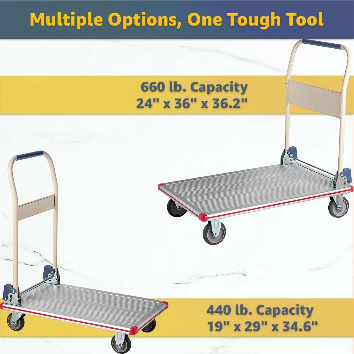 Aluminum Platform Truck 440 lb Capacity – Lightweight Cart with Folding Handle, 5″ TPR Casters & Corner Protectors – 19″ x 29″ Utility Dolly for Warehouse, Office, Retail, Silver