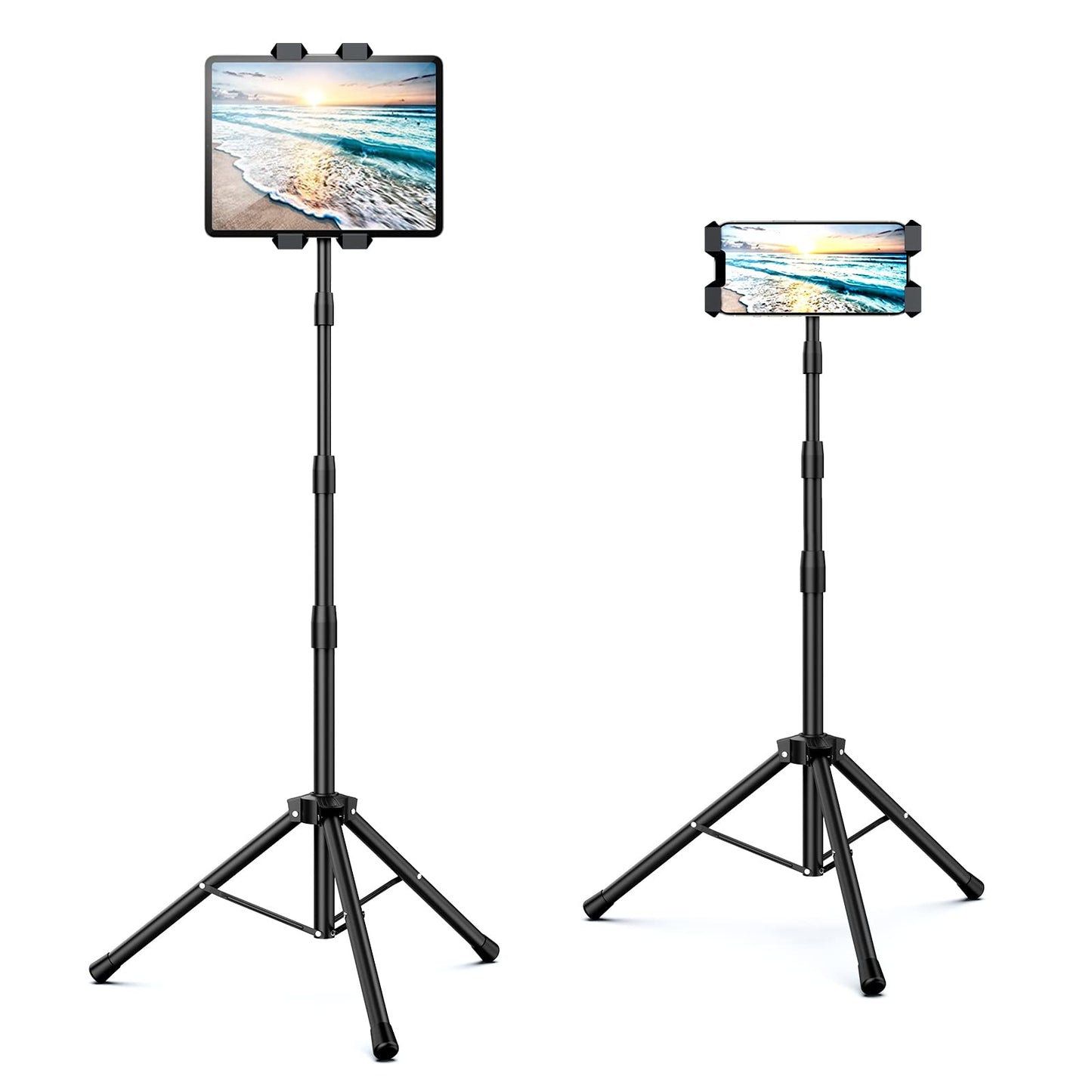 Raking Tablet Floor Stand, Height Adjustable Cellphone Floor Stand with 360°Rotating Tripod Mount, Compatible with iPhone iPad Mini/Air/Pro and All 5.5-12.9 Inch Devices