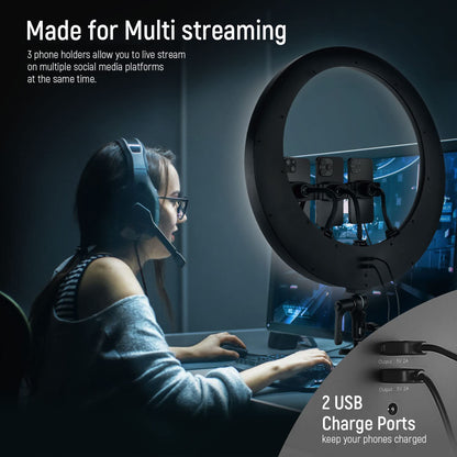 NEEWER Ring Light RP19H 19 Inch with Tripod Stand 3 Phone Holders Compatible with iPhone, Upgraded 2.4G Touch Control Ringlight for Video Recording Streaming Home Office Zoom Selfie Makeup Lighting
