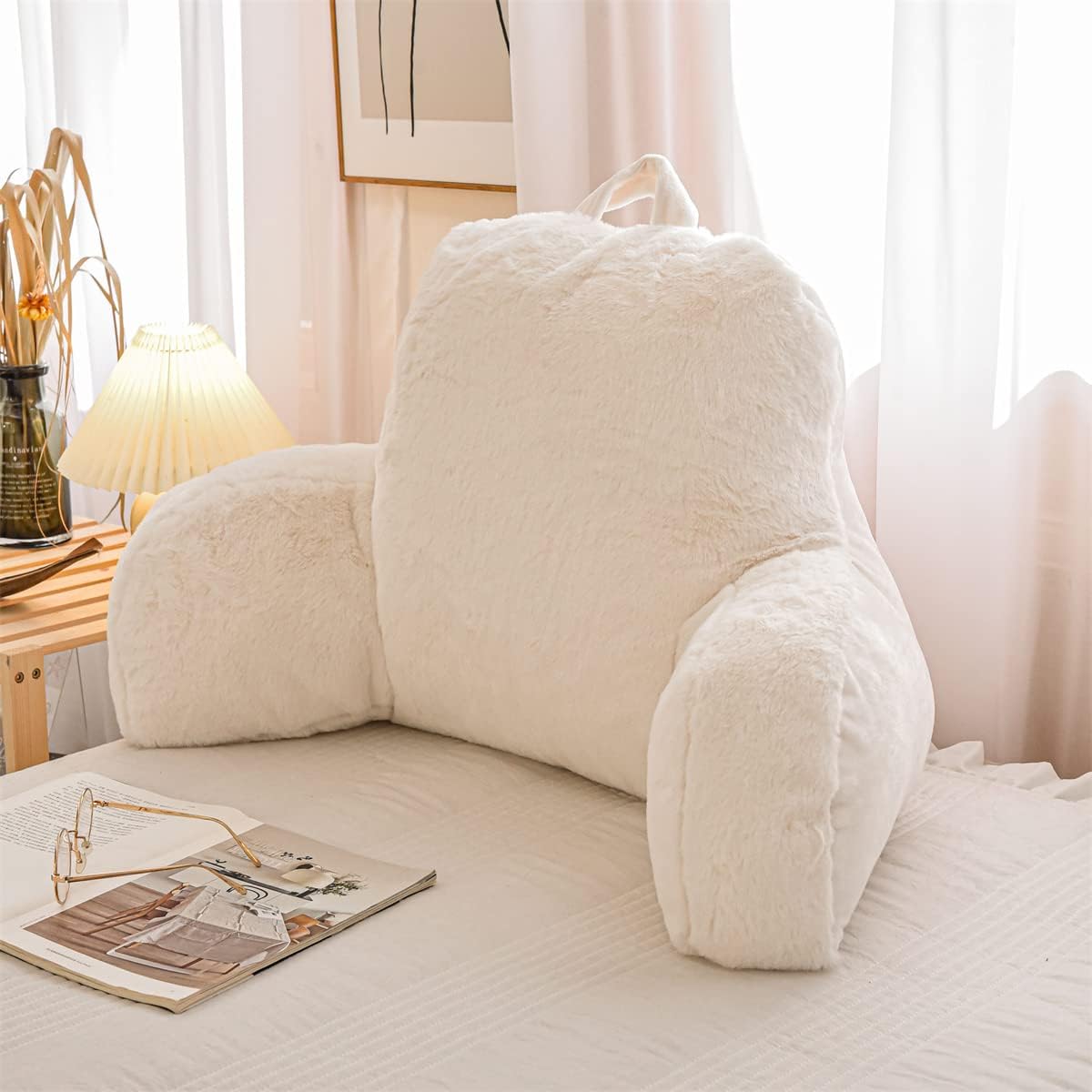 NTBED Reading Pillow Faux Fur Bed Wedge Backrest with Arms,Couch TV Relax Bed Rest Pillow Back Support Cushion for Kids