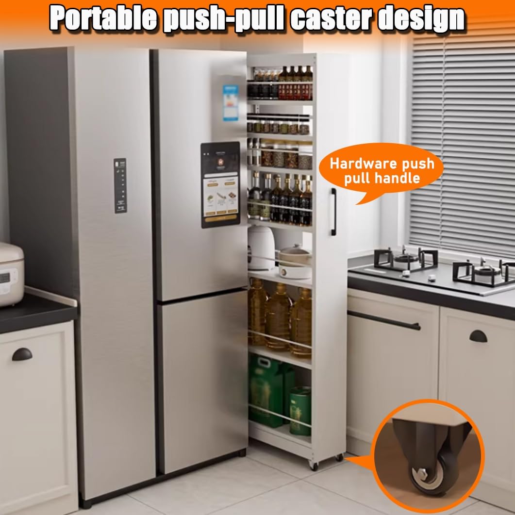 5-Tier Rolling Spice Rack Cart - Slim Metal Storage with Wheels, Narrow Kitchen & Utility Shelf, Perfect for Dining Room & Bakery Organization (9.8"x17.7"x72.6")