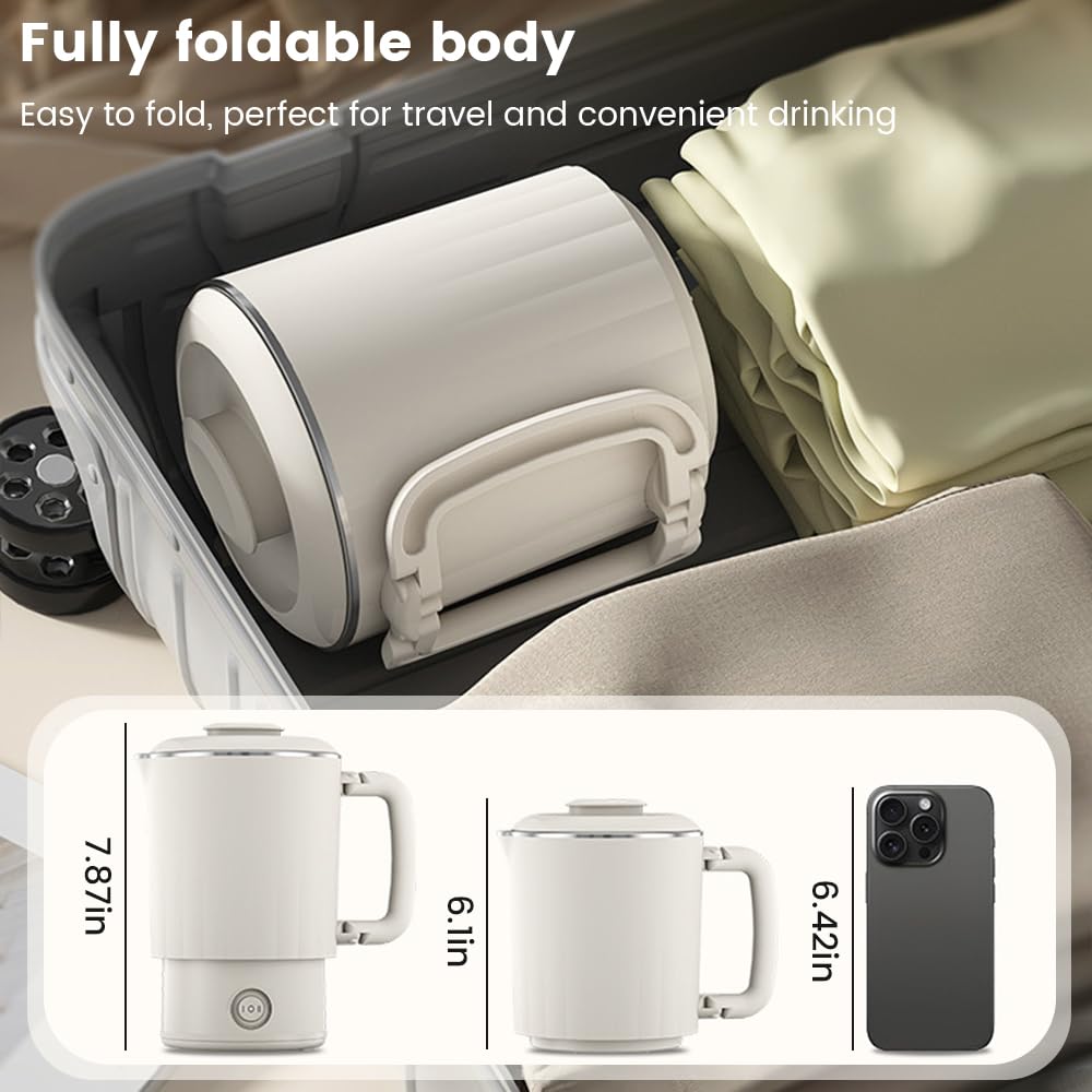 Portable Travel Kettle, 600ML Small Electric Kettle with Foldable Handle, Food Grade Stainless Steel Collapsible Water Boiler with Dual Modes, Compact Portable Kettle for RV, Camping, Beige