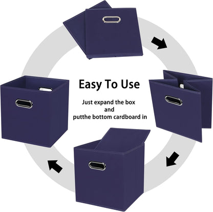Black Foldable Storage Cubes Bins, Fabric Storage Box Organizer with Dual Handles, Navy Blue