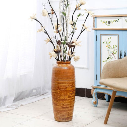 Large Yellow Ceramic Floor Vase, Handcrafted Glazed Pottery for Flower Arrangement, Modern Chinese Style Decor