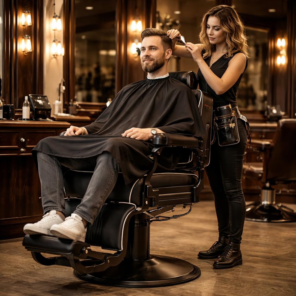 MyS Heavy Duty Barber Chair – 700 lbs Capacity Industrial Hydraulic Reclining Salon Chair, 135° Reclining with Stainless Steel Leather (Silver)