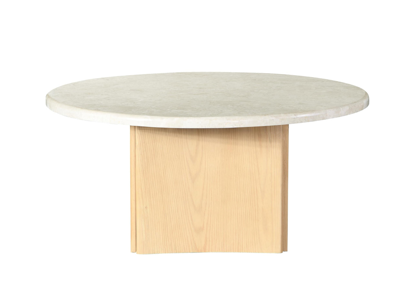 Acme Qwin Marble and Wood Round Coffee Table with Curved Base in Natural Oak
