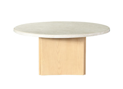 Acme Qwin Marble and Wood Round Coffee Table with Curved Base in Natural Oak