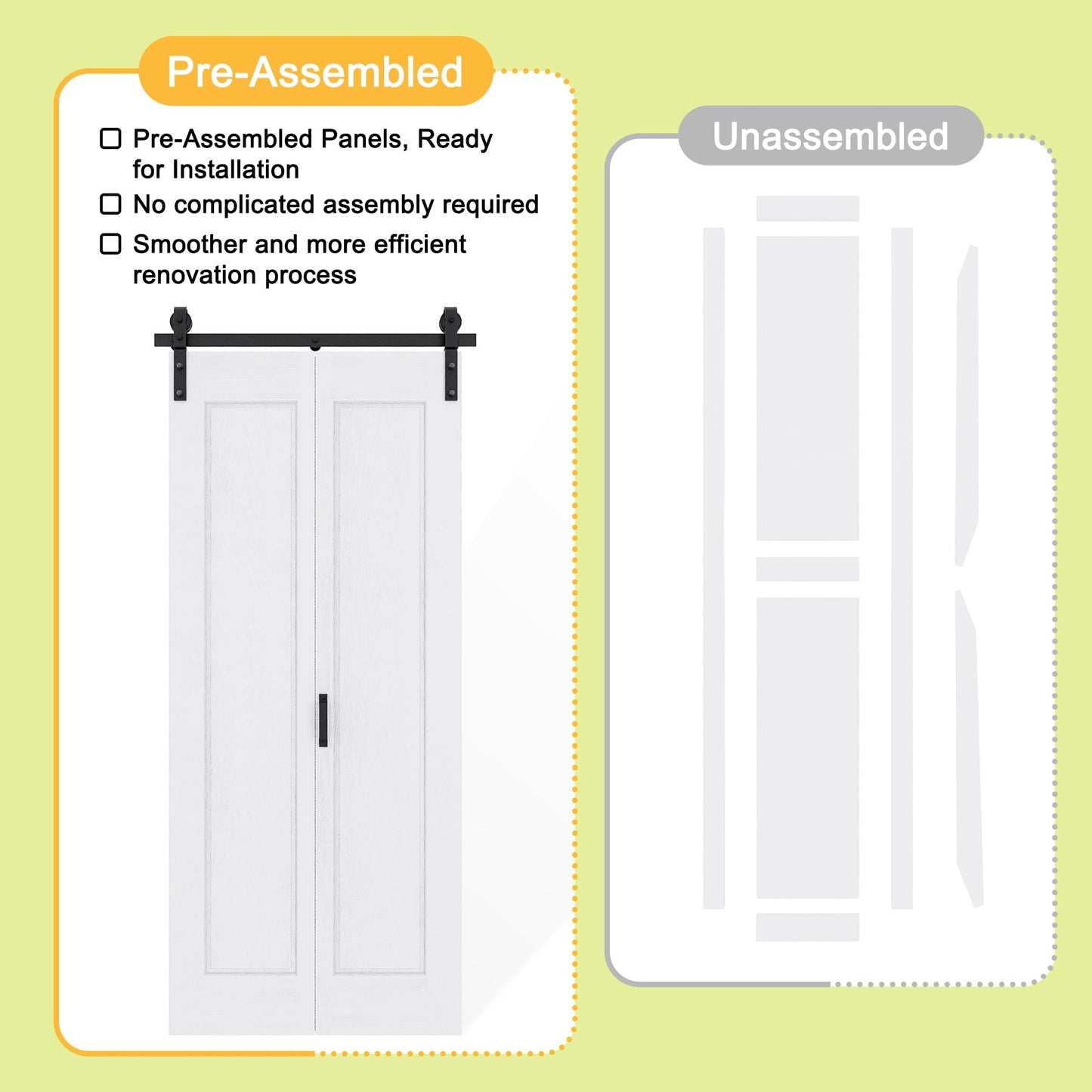 64" x 84" Pre-Assembled 1 Raised Panel Bifold Barn Door, Paintable White Primed Pre-Finished Bi Fold Barn Door and Hardware Kit Included, 72" Track Kit for 4 Closet Doors for Pantry Laundry Bathroom