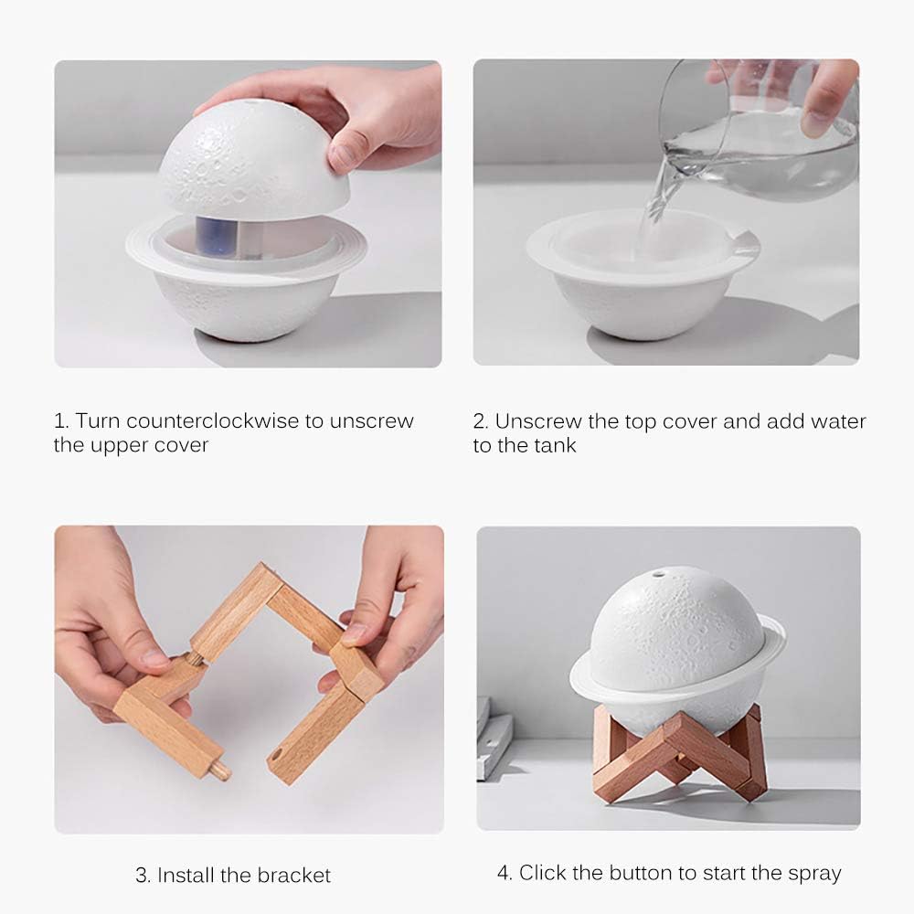 Moon Lamp Humidifier, 2 in 1 Night Light & Humidifier with USB Recharge, 3 Colors 3D LED Moon Light with Stand,