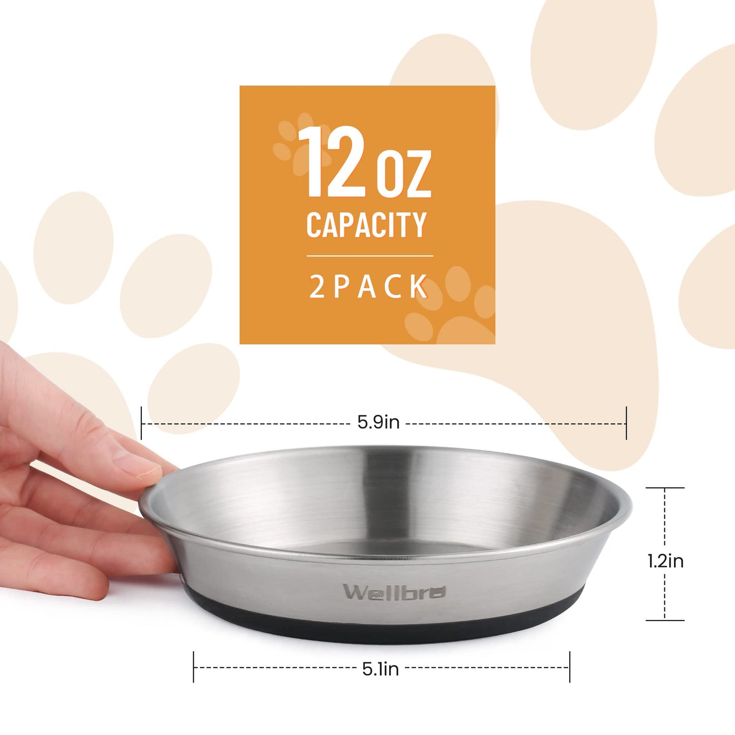 Wellbro Cat Bowls, 2 Pcs Stainless Steel Cat Bowls for Food and Water, Whisker Fatigue Shallow Non-Slip Dishes Plates for Small Dog Puppies Cats