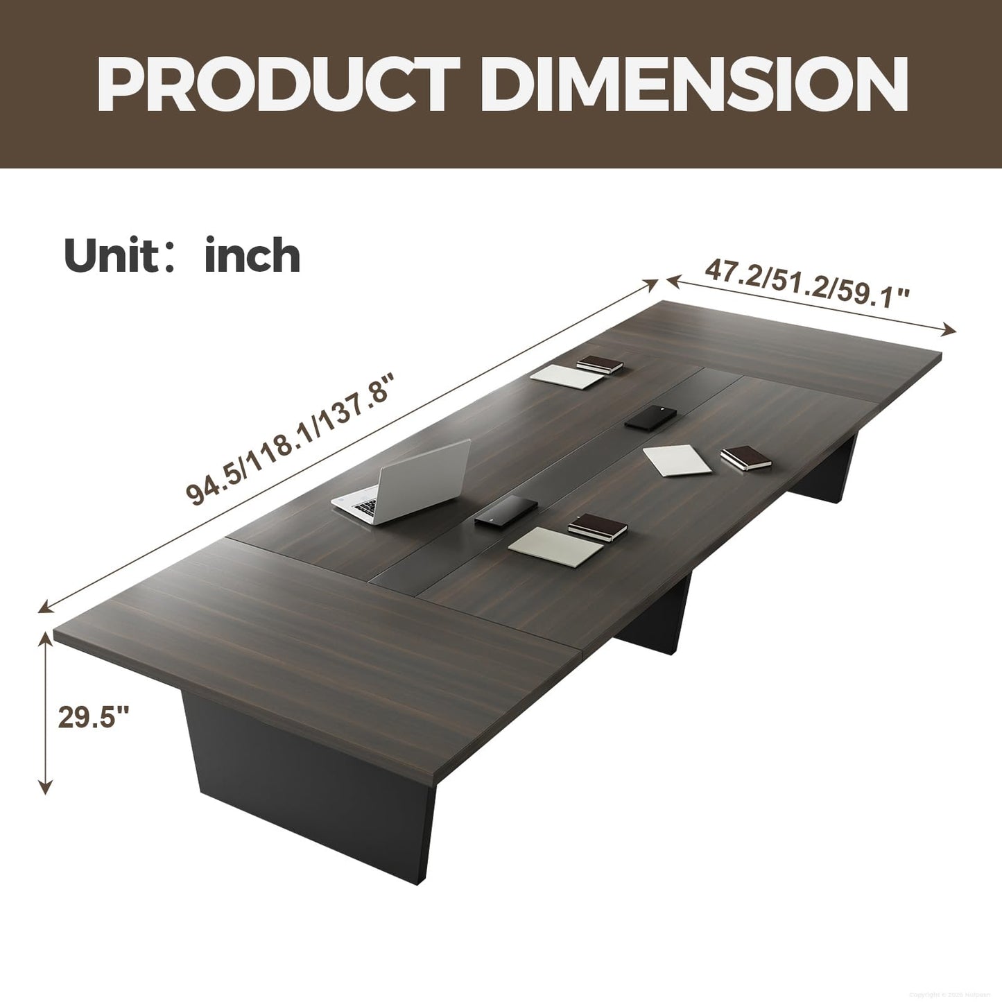 Nuipesn 118 Inch Rectangular Conference Table, 10FT Meeting Table for 10-12 People, Built-in Power Outlets and USB Charging Ports, Cable Management, 2 Inch Thick Top, Walnut and Charcoal Gray