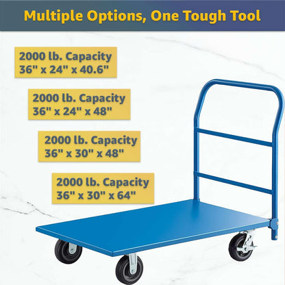 Blue Steel Platform Truck 2000 lb. Capacity - 24" x48" Heavy-Duty Utility Cart with Removable Handle, Polyurethane Wheels & Brakes - Folding Flatbed Dolly for Warehouse, Industrial, Commercial Use