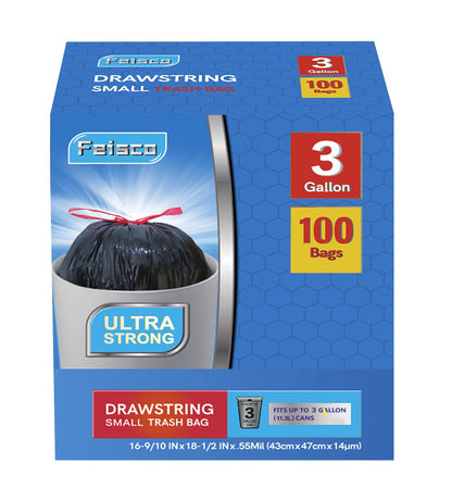 Feisco 3 Gallon Black Trash Bag,Small Drawstring Garbage Bag Trash Can Liner,100 Counts,0.55 Mil