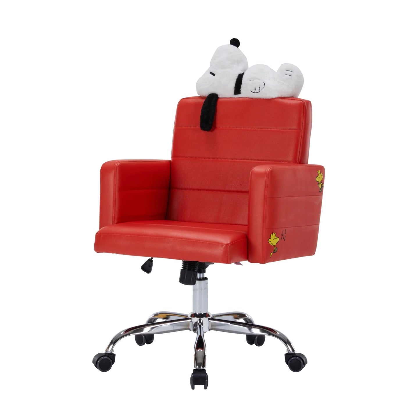 Impression Vanity Peanuts Snoopy House Swivel Vanity Chair with Faux Leather, Plush Foam Comfort, 360 Degree Swing, Printed Woodstock Accents, Snoopy Artwork, Adjustable Height, and Rolling Chair