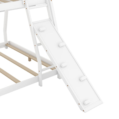 Bellemave Bunk Bed Twin Over Queen with Slides and Stairs, House Bunk Bed with Climbing Nets and Climbing Ramp for Kids, Teens, White