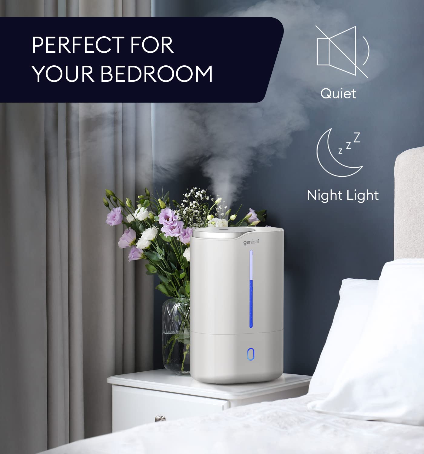 GENIANI Ultrasonic Cool Mist Humidifier for Bedroom, Large Rooms, Home, 4L - Easy Fill & Clean Humidifier for Plants w/Auto Shut-off, 40H Runtime - Quiet, Top Fill Air Humidifier