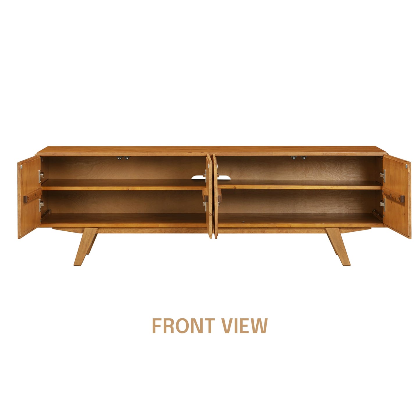 NTC Sapa Mid-Century Modern Solid Wood TV Stand 4-Door Media Console with Carved Geometric Fronts for TVs up to 75", Effortless Assembly, Teak Look