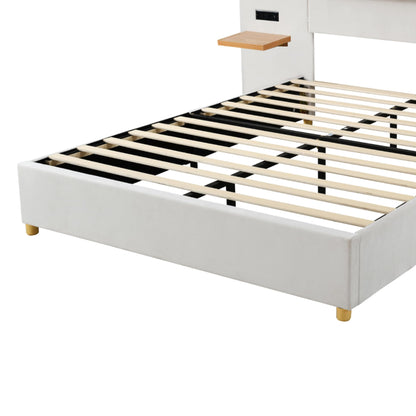 Ball & Cast Queen Upholstered Platform Bed with Oversized Soft Headboard,Wood Bedframe W/Integrated Storage Shelves,Power Outlet & USB Port on Both Sides,for Bedroom Guest Room Apartment,Beige Velvet
