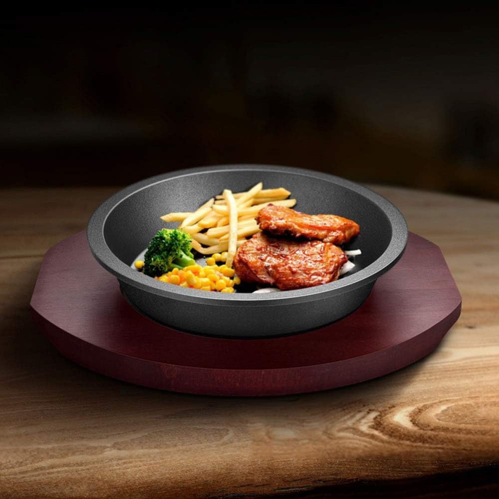 Charcuterie Board, Round Cast Iron Sizzling Steak Plate with Wooden Base Finish - Ideal for Pan Grilling Meats Seafood, Restaurant Supply Home and Kitchen Cooking Accessory(3.8cm)